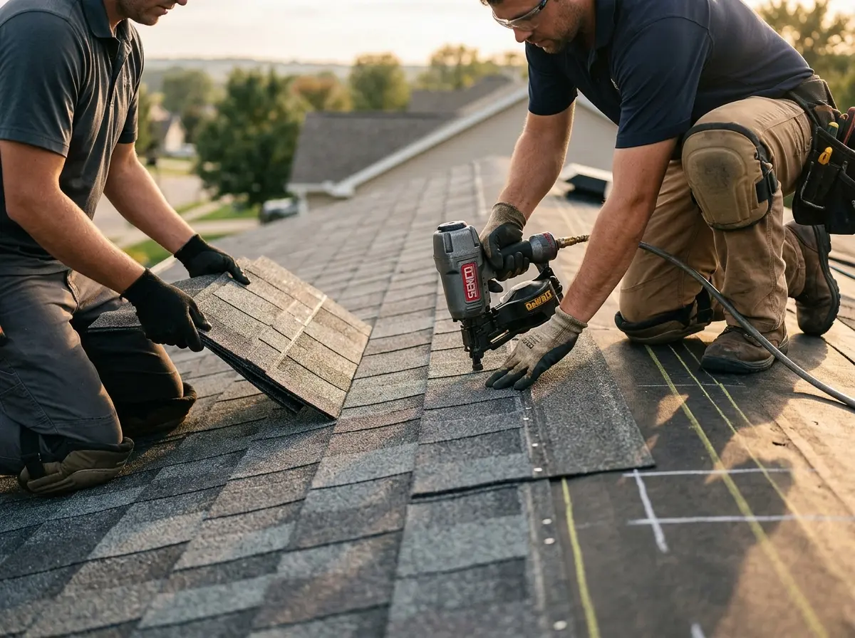 Professional roofer working on a residential roof in Evergreen Park